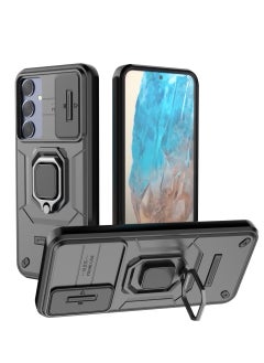 Samsung Galaxy M35 5G Durable Case – Black, featuring military-grade drop protection, sliding camshield, and convenient kickstand.