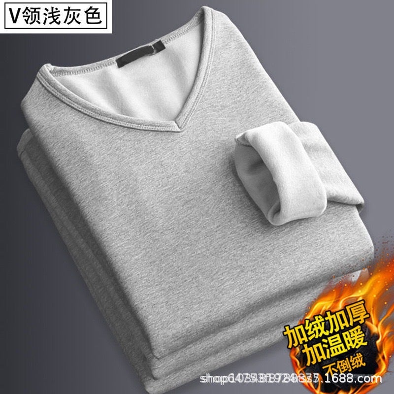 Mens Fleece-lined Long Sleeve T-shirt Spring Autumn Warm Base Layer Top Solid Color V-neck Business Casual Trade V-neck-light gray [focus on priority delivery]]