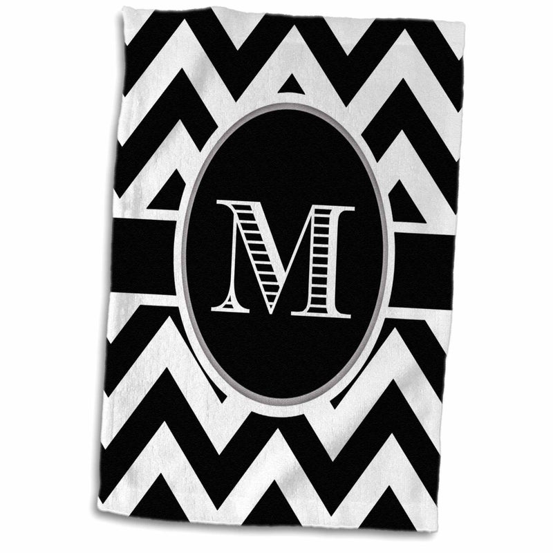 3DROSE 3D Rose Black and White Chevron Monogram Initial M Hand Towel  15"" x 22""  Multicolor - Image 1