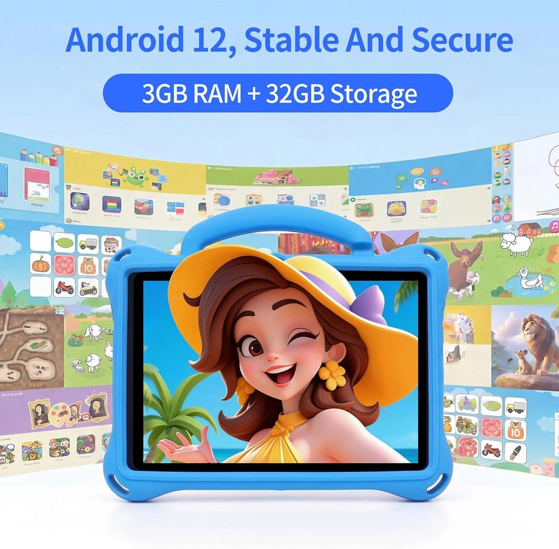 ZEKAROUL 7 بوصة جهاز لوحي للأطفال، رباعي النواة أندرويد 12 2 جيجابايت 32 جيجابايت، تحكم أبوي، حماية للعين، غطاء مقاوم للصدمات، كاميرا مزدوجة، واي فاي، بلوتوث، جهاز لوحي تعليمي للأطفال - حقيبة (أزرق) - Image 3
