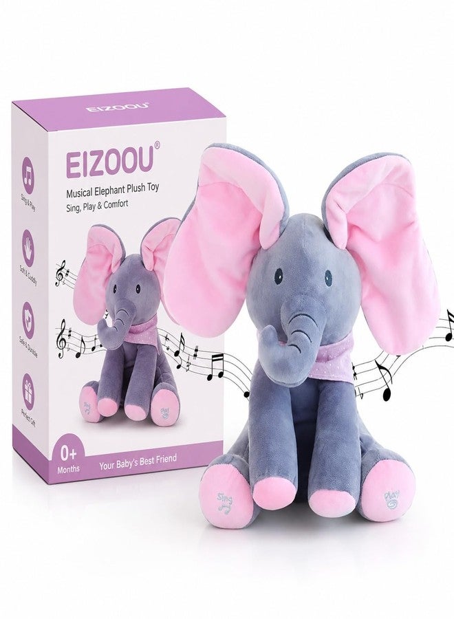 EIZOOU Elephant Soft Toy with Moving Ears and Music Button, Peekaboo Plush Toy for Babies Peek-a-Boo Elephant Stuff Toy for Baby, Toddlers and Kids - Musical Soft Plush Animal Toy with Flappy Ears - Image 1
