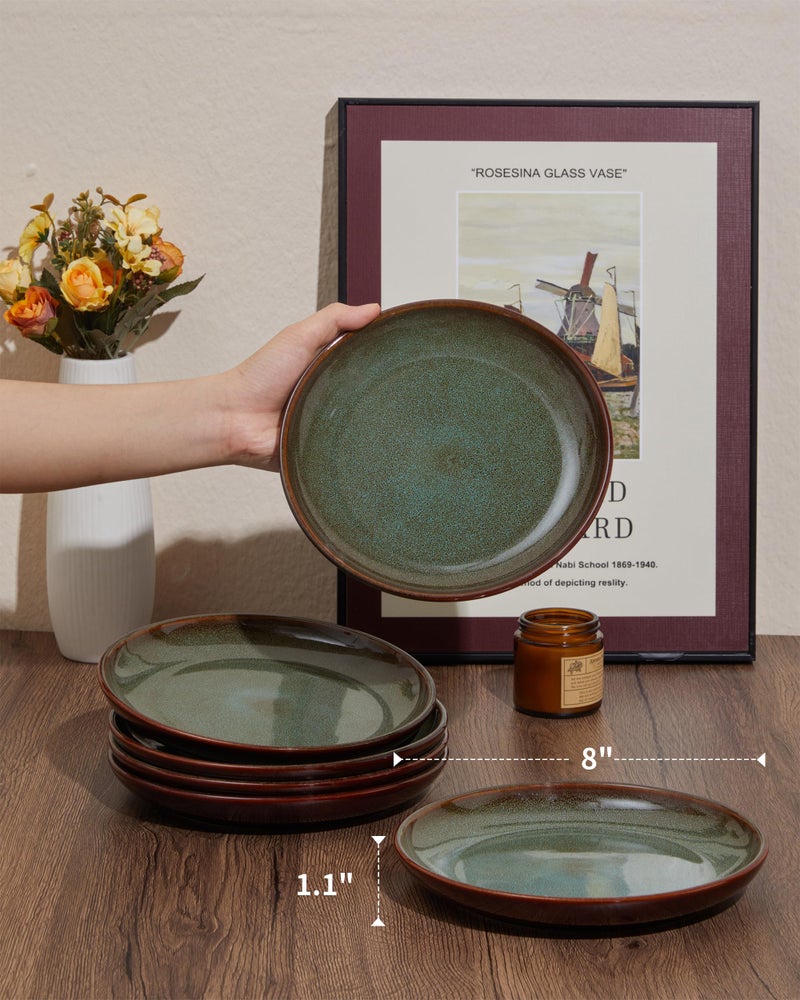 Pokini Ceramic Salad Plates Set of 6, 8.0 Inch Reactive Glaze Dish Set, Small Dinner Plate for Dessert, Salad, Appetizer, Microwave & Dishwasher Safe, Scratch Resistant-Brown and Green - Image 2