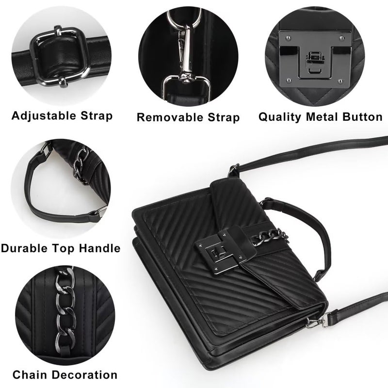 Voikukka Women's Top Handle Bag with Strap Quilted Crossbody Bags Designer Handbags for Women Black Leather Cross body Purse Luxury Satchel Purses Flap Shoulder Bag - Image 4