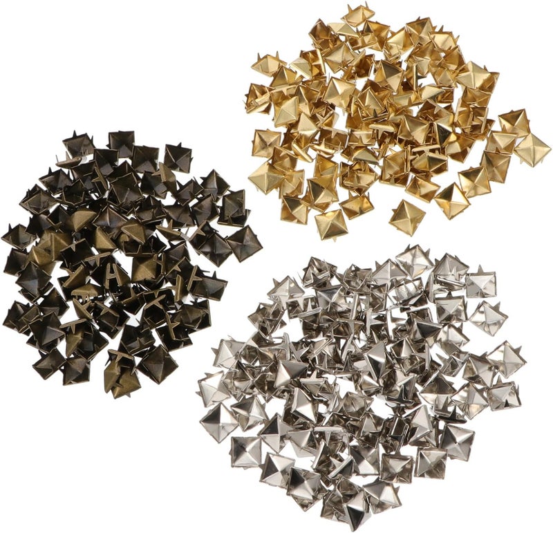 Unomor 300pcs Metal Pyramid Nailheads and Square Rivets DIY Leathercraft Rivets for Clothing, Shoes, Bags with Four-jaw Design in Silver, Gold, and Antique Copper - Image 1