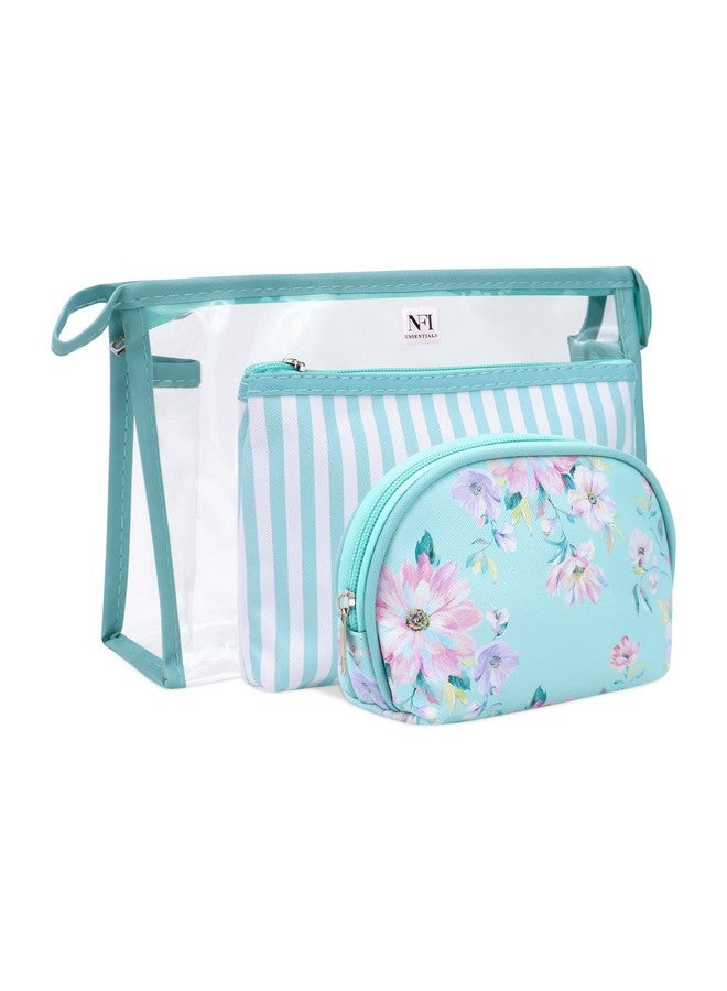 NFI essentials Set of 3 Flower Print Cosmetic Pouch Makeup Pouch Vanity Pouch Travel Organizer Toiletry Pouch for Women, Striped Wristlet Zippered Pouch Set, Large, Medium, Small - Image 1