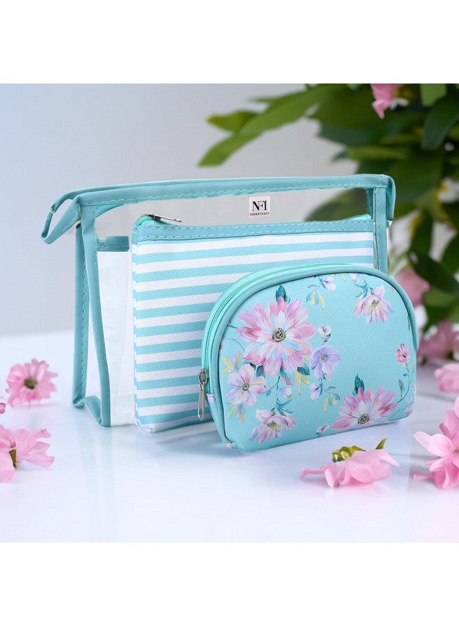 NFI essentials Set of 3 Flower Print Cosmetic Pouch Makeup Pouch Vanity Pouch Travel Organizer Toiletry Pouch for Women, Striped Wristlet Zippered Pouch Set, Large, Medium, Small - Image 5