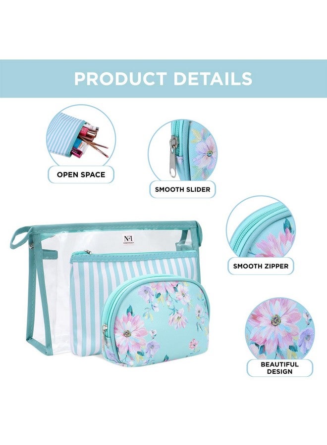 NFI essentials Set of 3 Flower Print Cosmetic Pouch Makeup Pouch Vanity Pouch Travel Organizer Toiletry Pouch for Women, Striped Wristlet Zippered Pouch Set, Large, Medium, Small - Image 2
