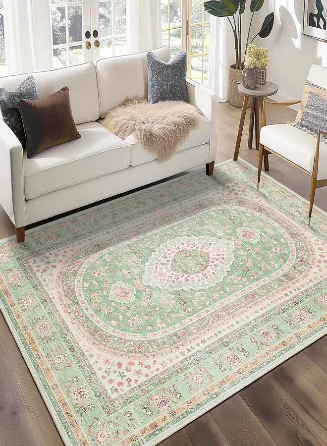 Castage Green Rug 3x5,Washable Area Rugs for Bedroom Living Room Kitchen Entryway,Small Boho Vintage Bohemian Distressed Oriental Non Slip Carpet,Sage Blush Floral - Image 2