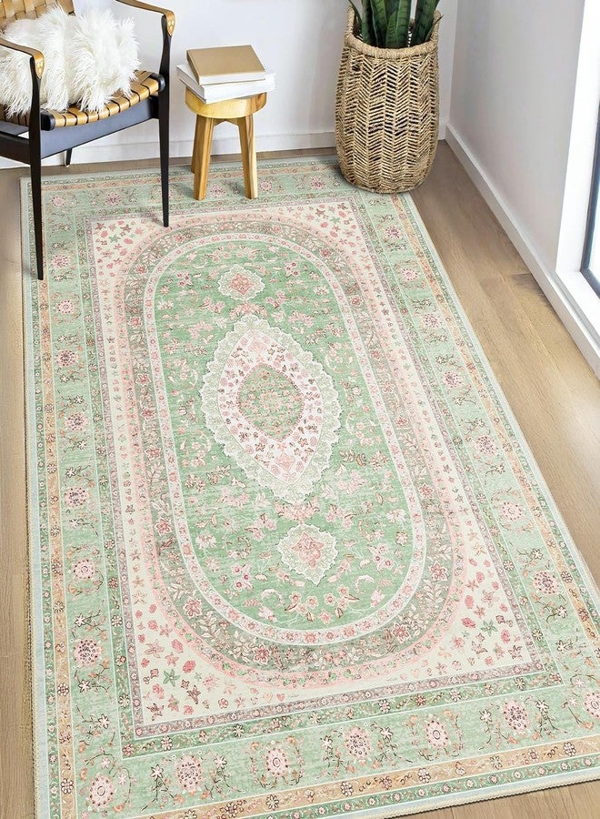 Castage Green Rug 3x5,Washable Area Rugs for Bedroom Living Room Kitchen Entryway,Small Boho Vintage Bohemian Distressed Oriental Non Slip Carpet,Sage Blush Floral - Image 1