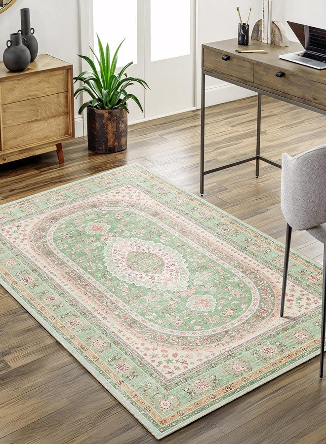 Castage Green Rug 3x5,Washable Area Rugs for Bedroom Living Room Kitchen Entryway,Small Boho Vintage Bohemian Distressed Oriental Non Slip Carpet,Sage Blush Floral - Image 4