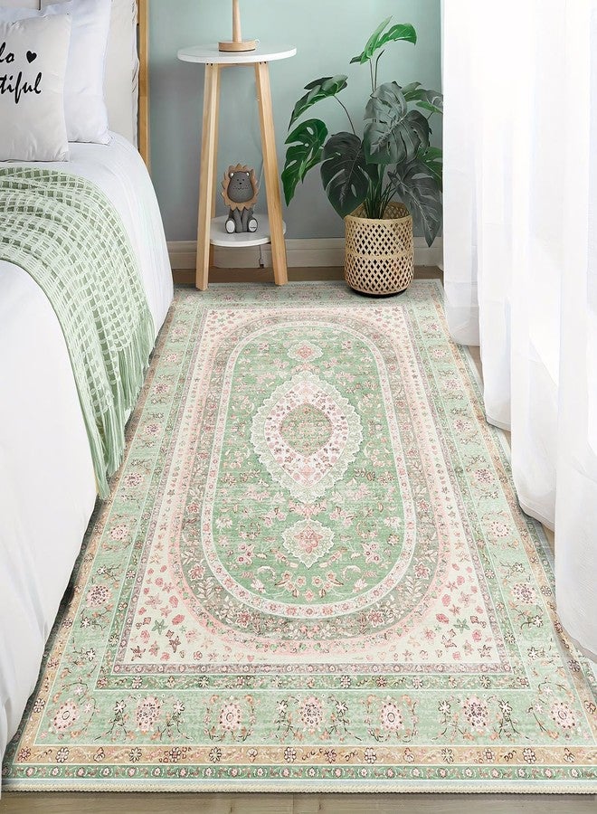 Castage Green Rug 3x5,Washable Area Rugs for Bedroom Living Room Kitchen Entryway,Small Boho Vintage Bohemian Distressed Oriental Non Slip Carpet,Sage Blush Floral - Image 3