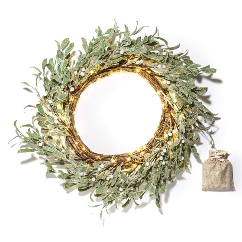 LampLust LampLust Winter Wreaths for Front Door Outside 20 Inch Flocked Wreath with Mistletoe  Pearly White Berries 75 LED Lights Battery Powered Timer Farmhouse Wreath Winter Wreaths for Indoors