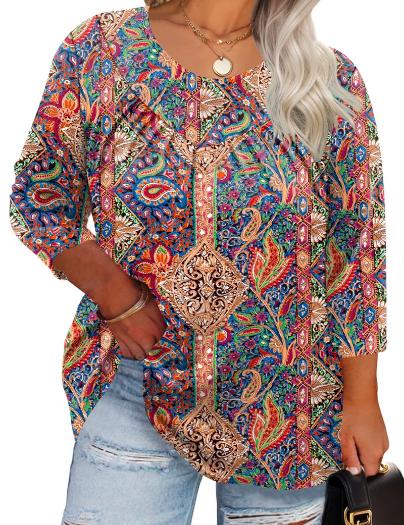 TFSDOD Spring Tops for Women 2026 3/4 Length Half Sleeve T Shirts Cute Plus Size Summer Boho Outfits Floral Print 2XL - Image 1