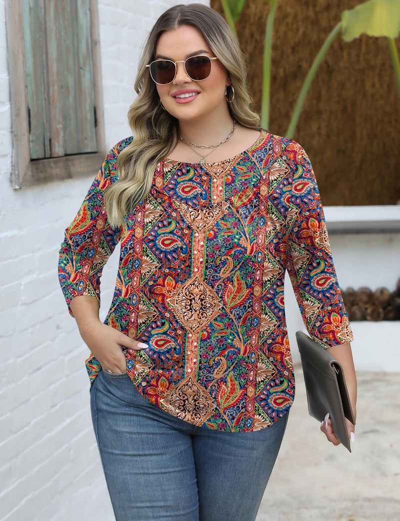 TFSDOD Spring Tops for Women 2026 3/4 Length Half Sleeve T Shirts Cute Plus Size Summer Boho Outfits Floral Print 2XL - Image 2
