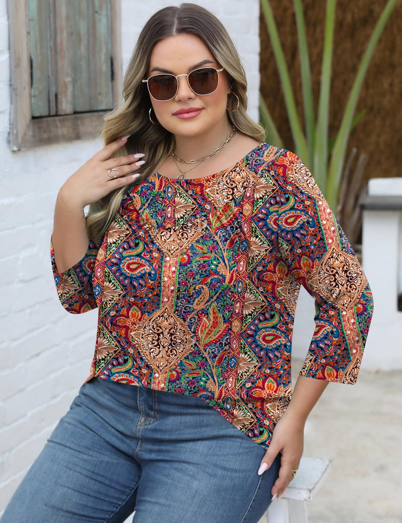 TFSDOD Spring Tops for Women 2026 3/4 Length Half Sleeve T Shirts Cute Plus Size Summer Boho Outfits Floral Print 2XL - Image 4