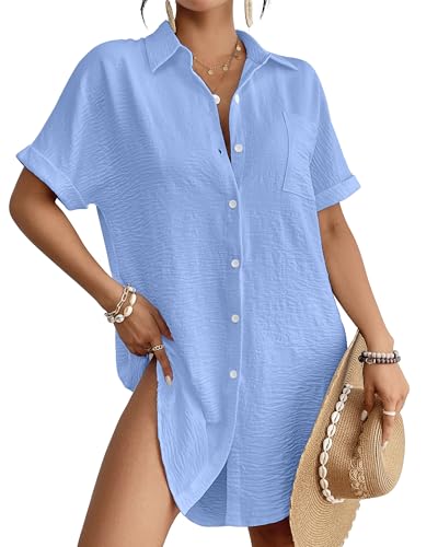Bsubseach Women Swimsuit Coverup Shirt Dress Button Down Bathing Suit Cover Up Beach Vacation Outfits Light Blue L - Image 1