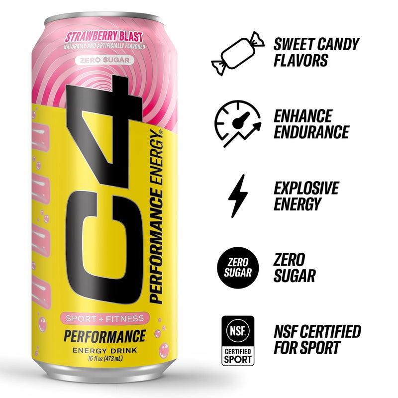 CELLUCOR مشروب الطاقة Cellucor C4 | انفجار الفراولة | خالي من السكر مشروب طاقة مكربن قبل التمرين | 200 ملغ كافيين مع بيتا ألانين | 16 أونصة سائلة (12 عبوة) - Image 2