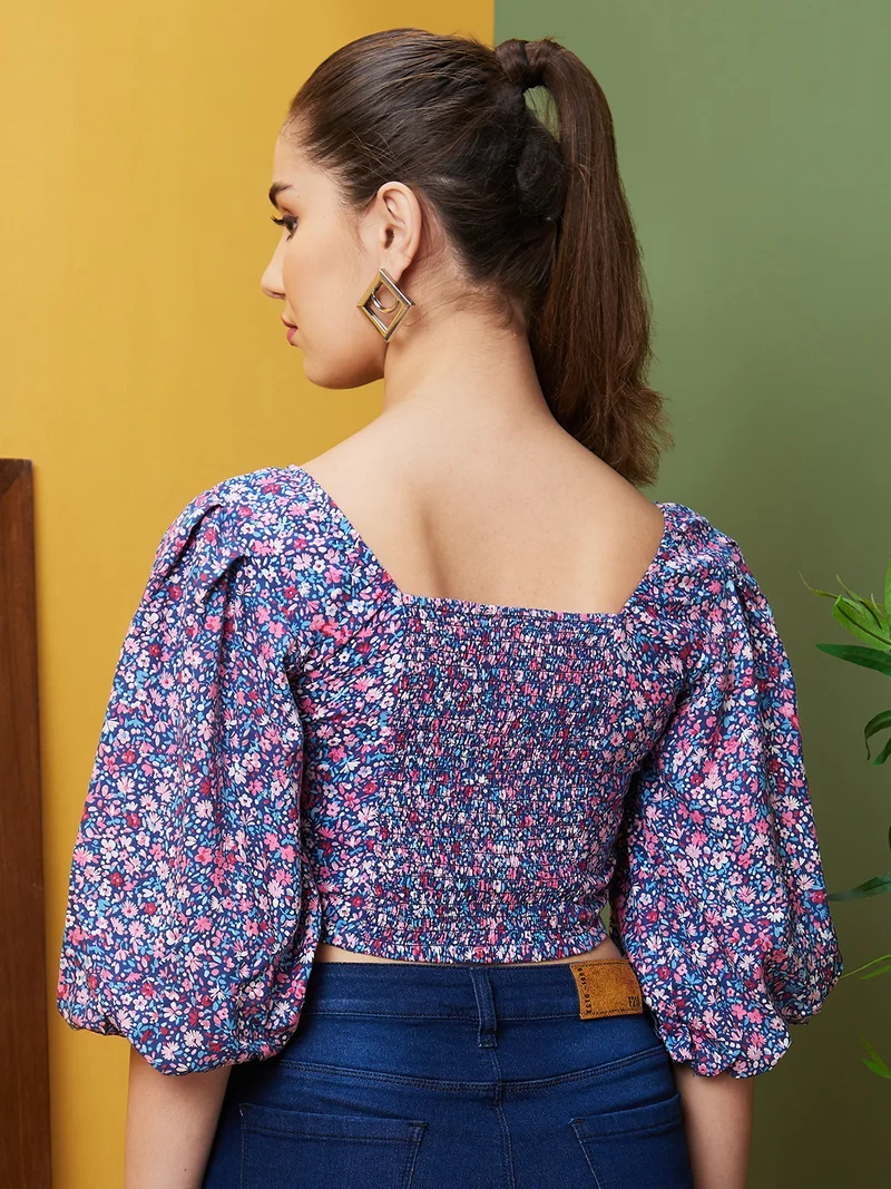 globus Women Floral Printed Puff Sleeves Crop Top