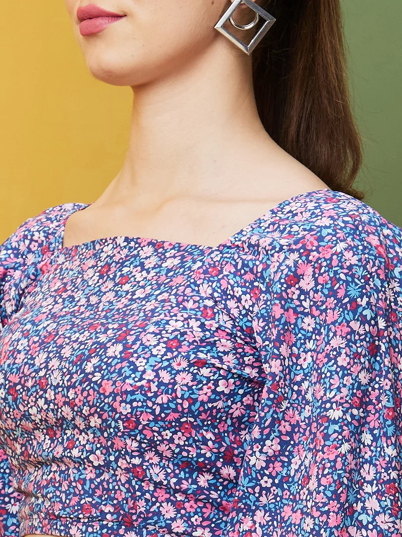 globus Women Floral Printed Puff Sleeves Crop Top