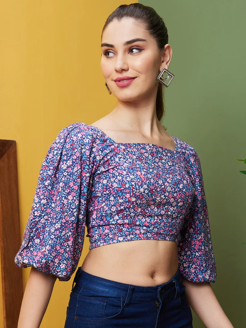 globus Women Floral Printed Puff Sleeves Crop Top