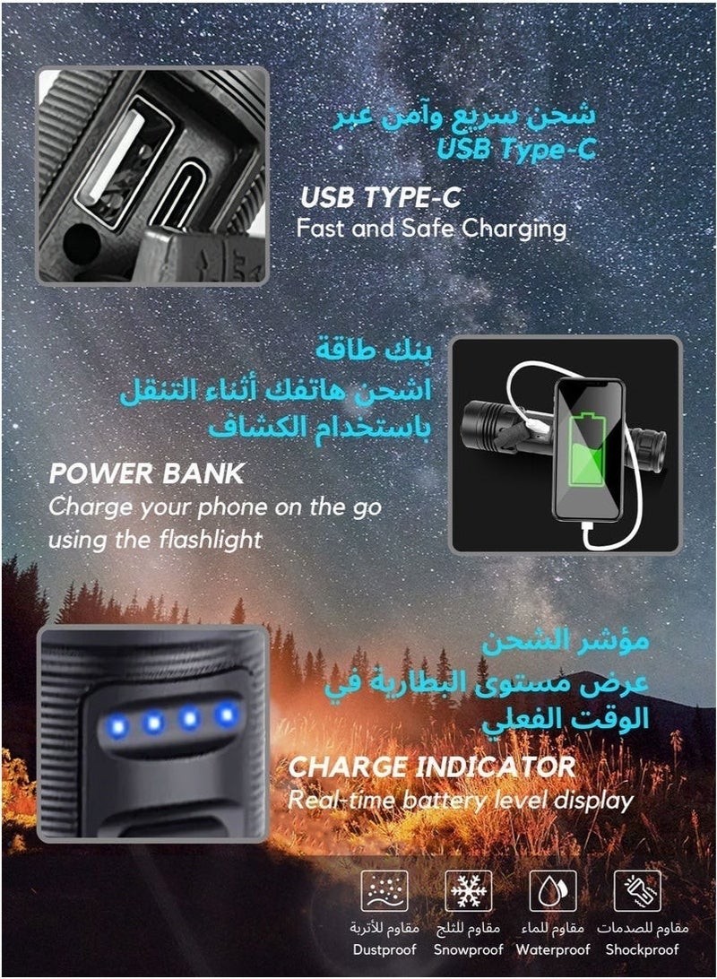 Flashlight for Camping | 7 Modes High Lumens Waterproof and Shockproof Torch Light | 1000 Meters Zoomable 30W LED Camping Accessory | 5000mAh Rechargeable Battery for Up to 10-Hour Usage | Emergency Power Bank for Hiking Emergency Hunting - Image 4