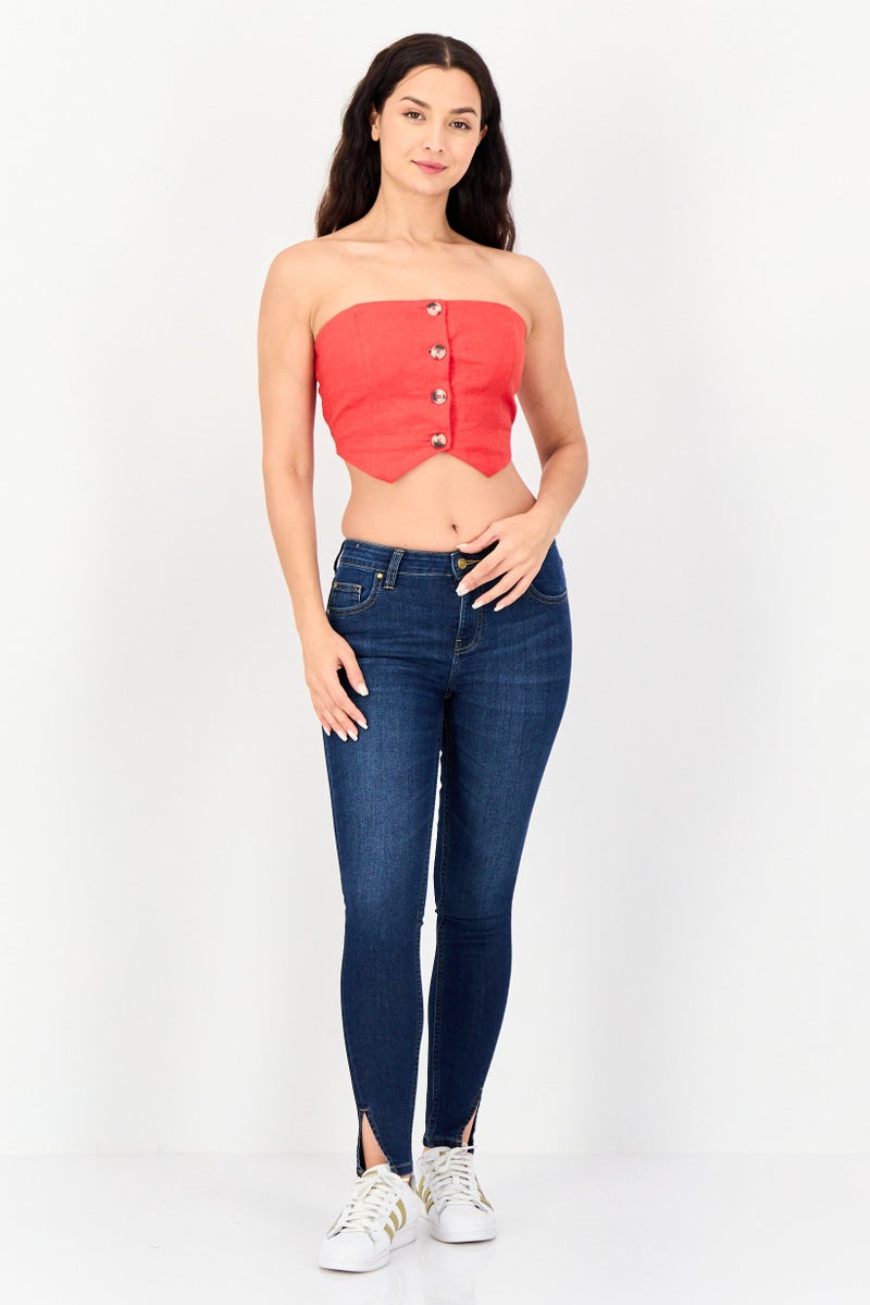 Bershka Women Straight Across Strapless Solid Tube Top, Red - Image 4