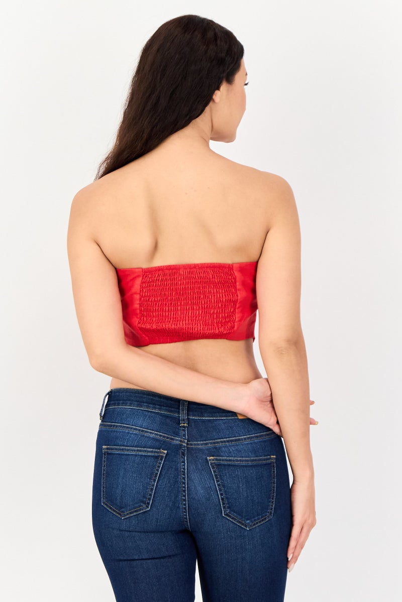 Bershka Women Straight Across Strapless Solid Tube Top, Red - Image 2