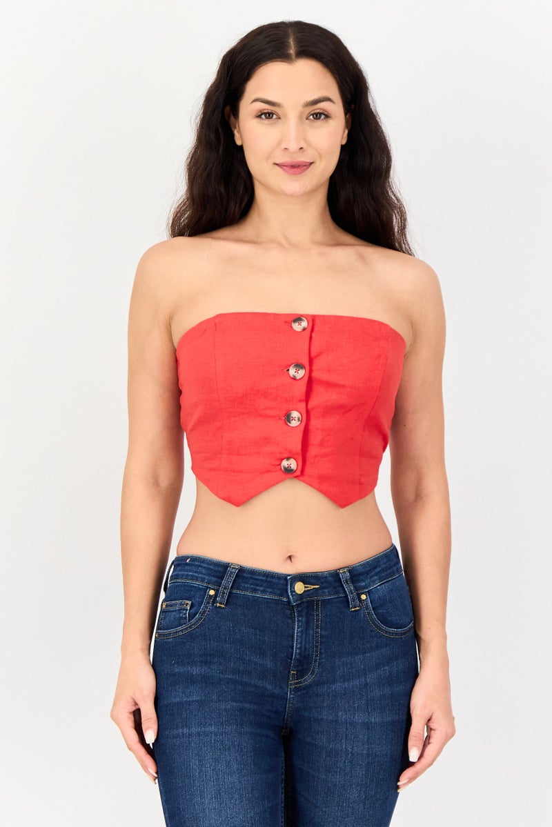 Bershka Women Straight Across Strapless Solid Tube Top, Red - Image 1