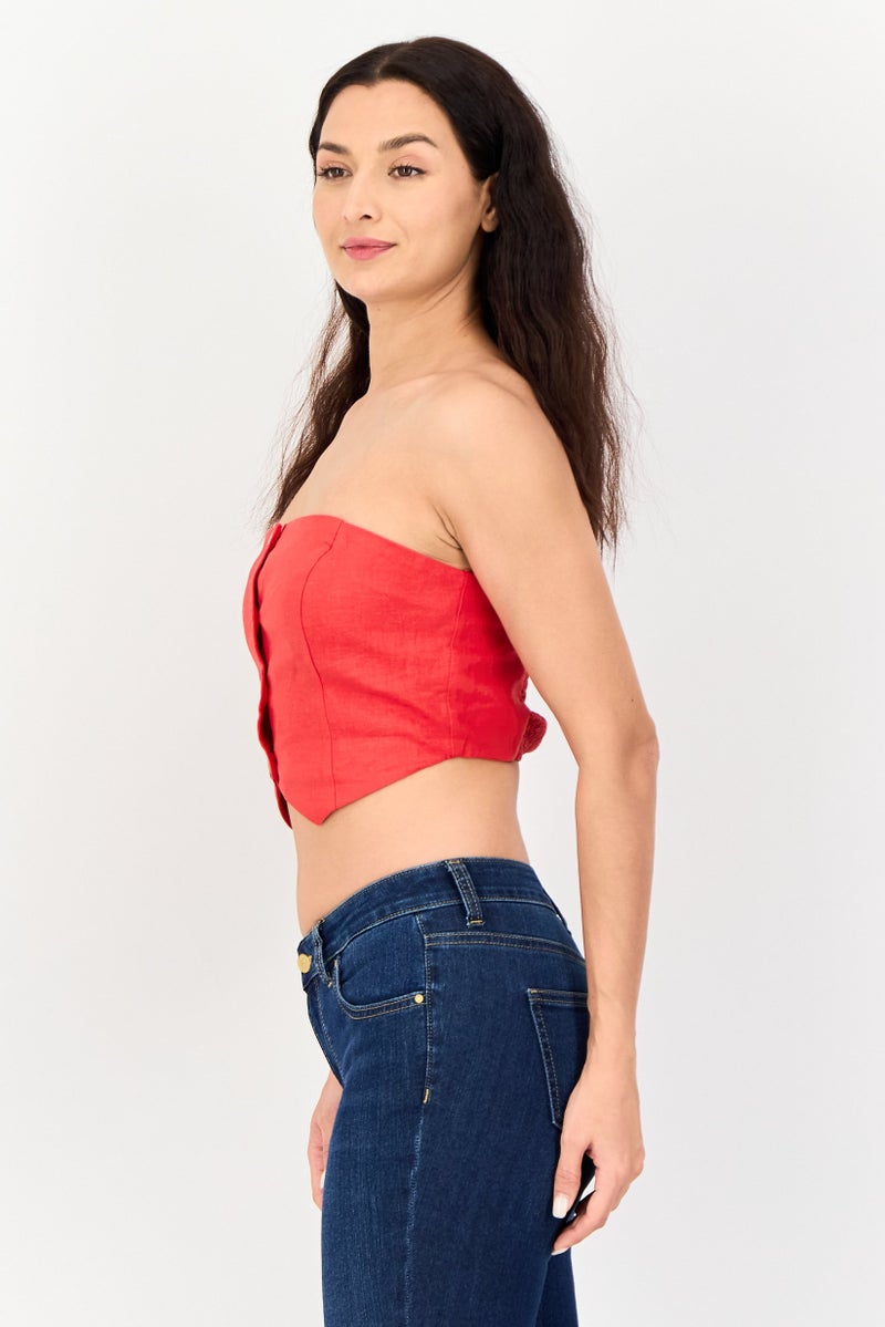 Bershka Women Straight Across Strapless Solid Tube Top, Red - Image 3