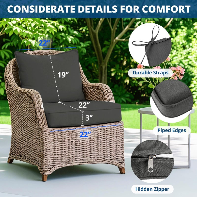 فابوداي Outdoor Chair Cushions Set - 22 x 22 Inch Waterproof u0026 Fade Resistant Patio Furniture with Removable Cover Deep Seat u0026 Back Pillow with Ties Replacement for Sunbrella Outside Sofa Couch Gray - Image 4