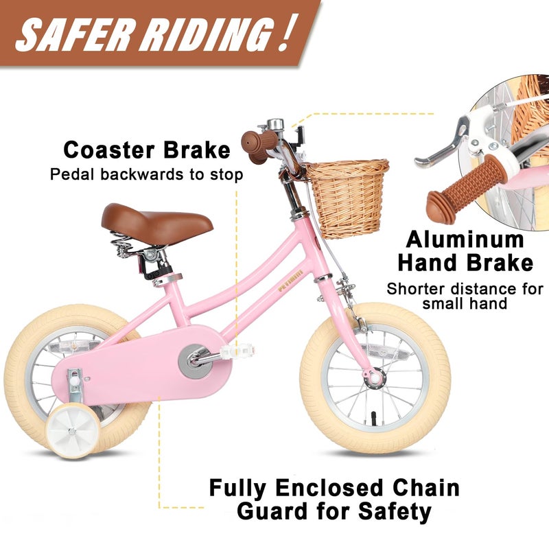Petimini 12 Inch Kids Bike for Age 2 3 4 Years Old Little Girls Toddlers Retro Vintage Style Bicycles with Basket Training Wheels and Bell, Pink - Image 2
