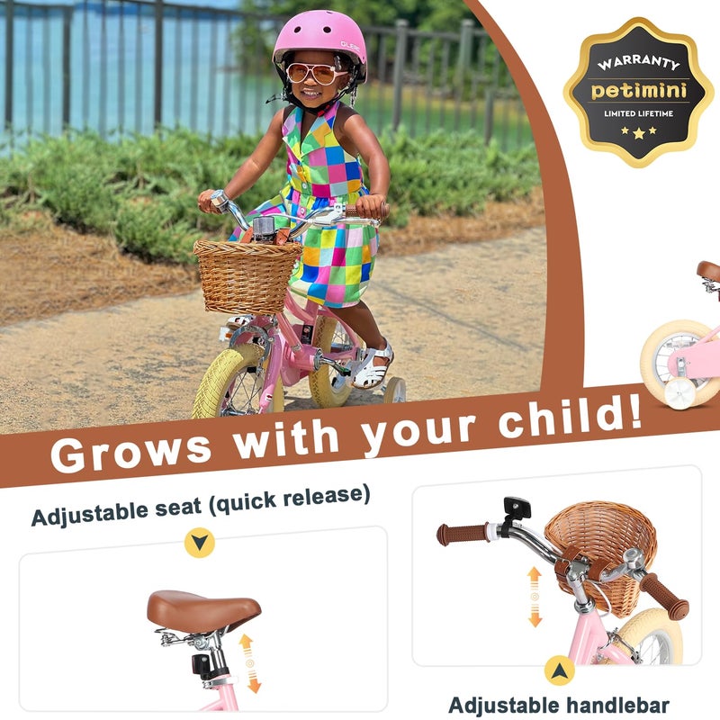 Petimini 12 Inch Kids Bike for Age 2 3 4 Years Old Little Girls Toddlers Retro Vintage Style Bicycles with Basket Training Wheels and Bell, Pink - Image 3