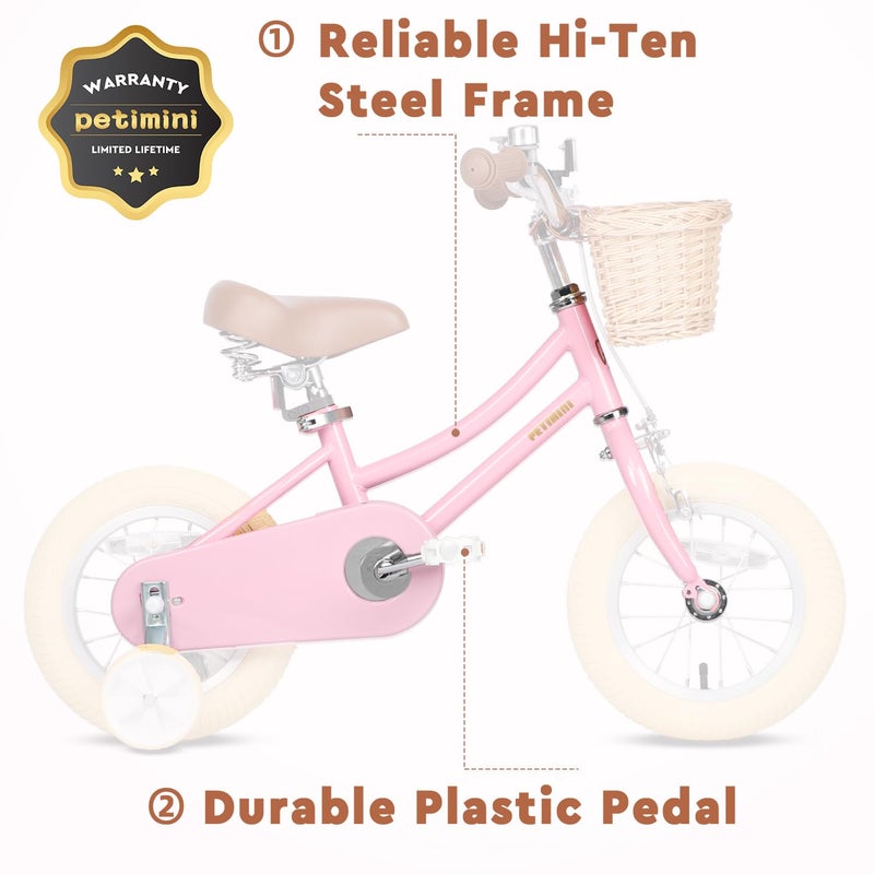 Petimini 12 Inch Kids Bike for Age 2 3 4 Years Old Little Girls Toddlers Retro Vintage Style Bicycles with Basket Training Wheels and Bell, Pink - Image 5