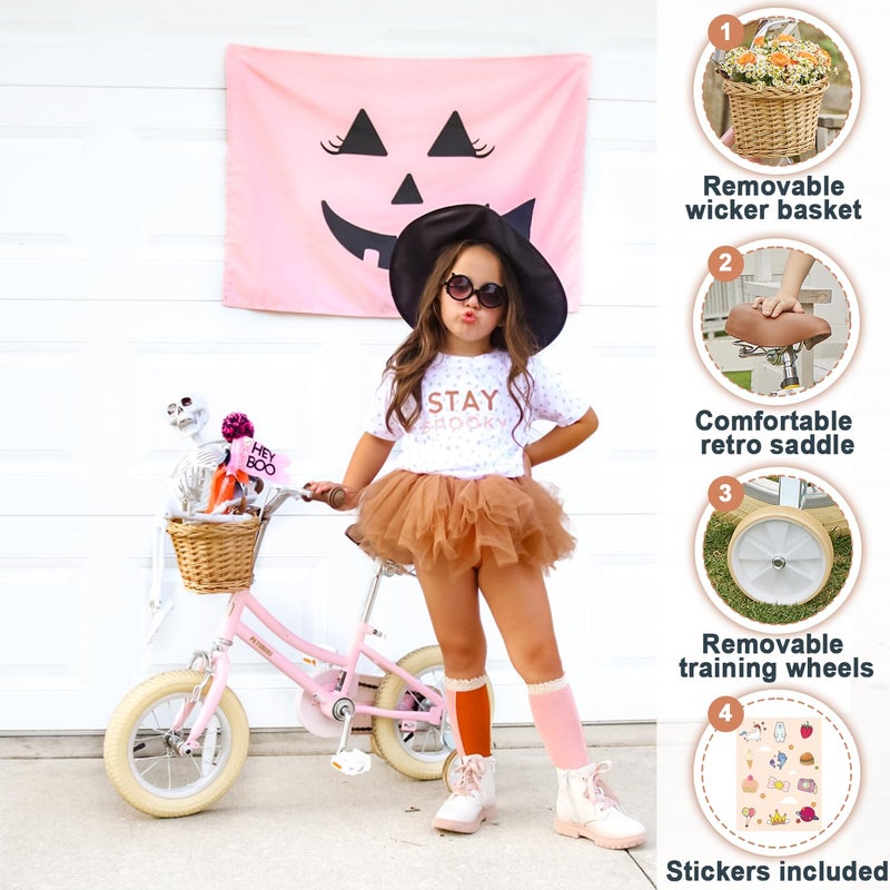 Petimini 12 Inch Kids Bike for Age 2 3 4 Years Old Little Girls Toddlers Retro Vintage Style Bicycles with Basket Training Wheels and Bell, Pink - Image 4