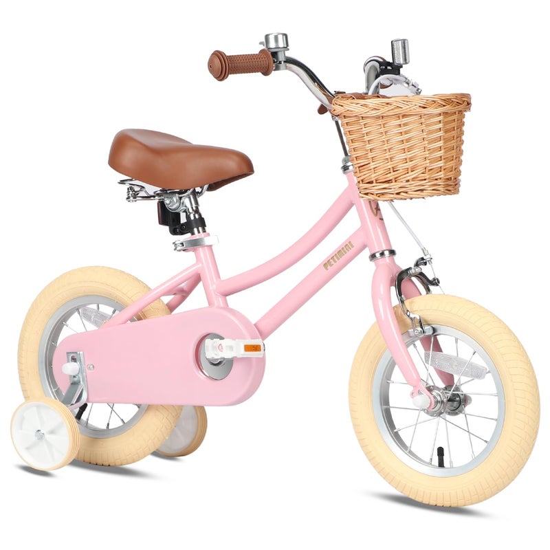 Petimini 12 Inch Kids Bike for Age 2 3 4 Years Old Little Girls Toddlers Retro Vintage Style Bicycles with Basket Training Wheels and Bell, Pink - Image 1