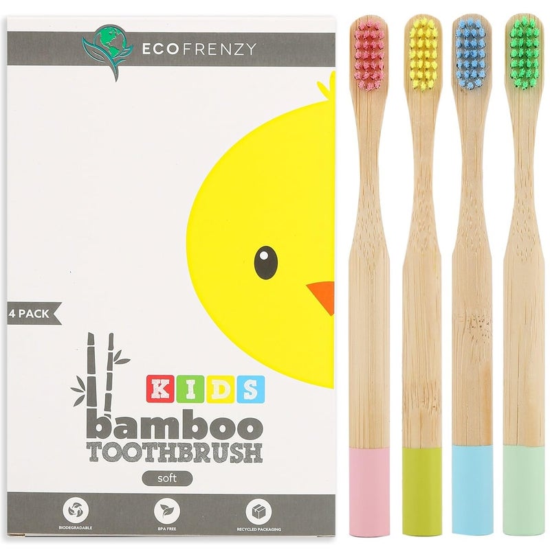 EcoFrenzy Kids Bamboo Toothbrush Child Size Soft BPA Free Color Safe Bristles 4 Pack