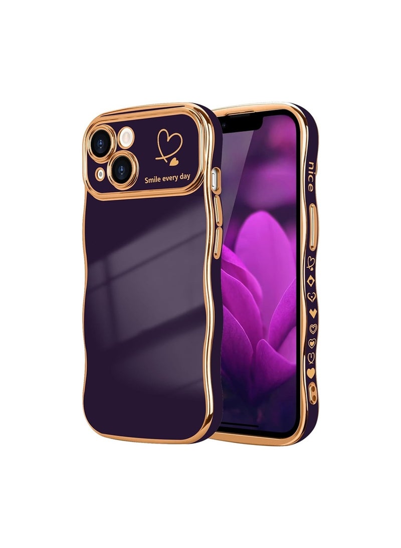 WRISTWISE Case Cover for iPhone 13, Cute Wave Frame Curly Shape with Love Heart Pattern Raised Camera Protection Cover Luxury Plating Shockproof Phone Case for iPhone 13, Purple - Image 1