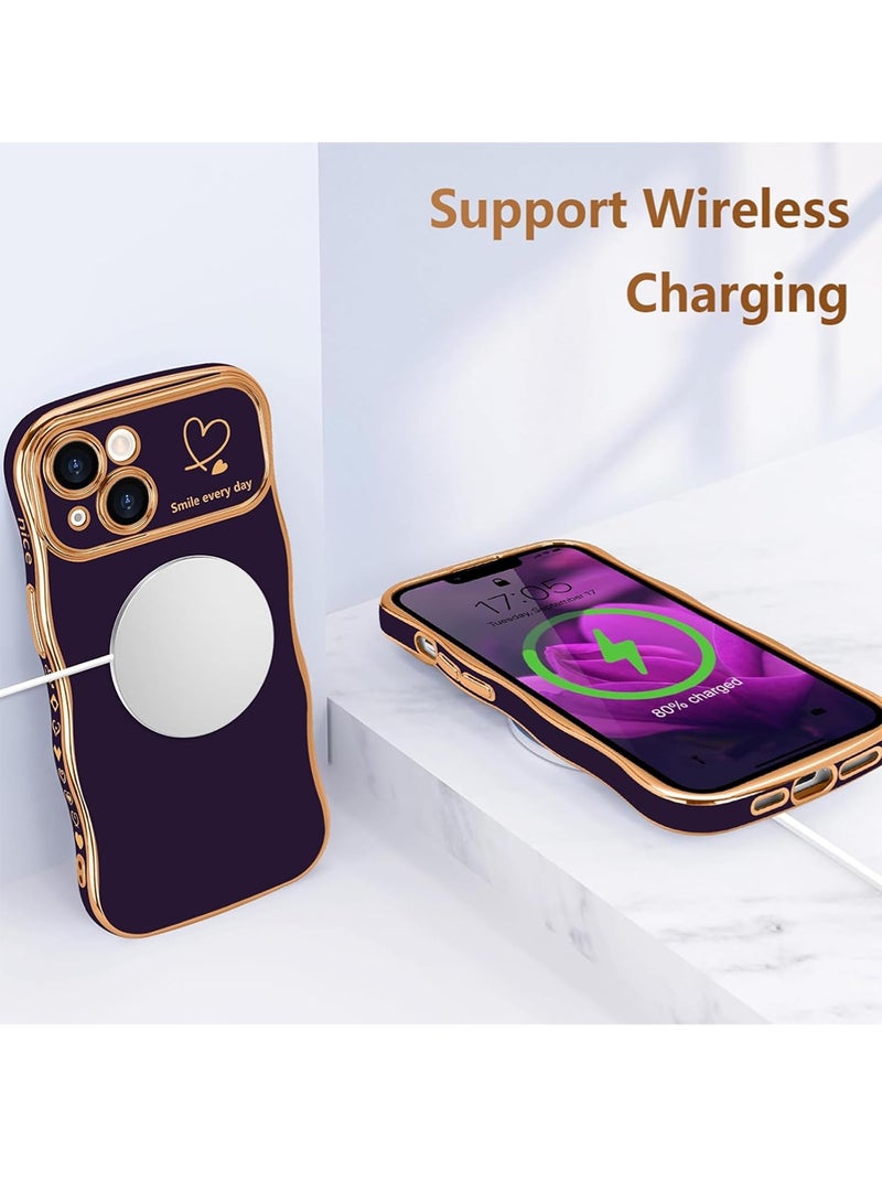 WRISTWISE Case Cover for iPhone 13, Cute Wave Frame Curly Shape with Love Heart Pattern Raised Camera Protection Cover Luxury Plating Shockproof Phone Case for iPhone 13, Purple - Image 5