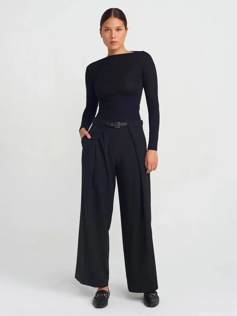 ديلفين Dilvin Women's Wide-Leg Crepe Trousers With Belt