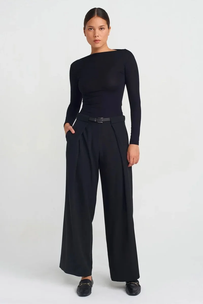 DILVIN Women's Wide-Leg Crepe Trousers With Belt