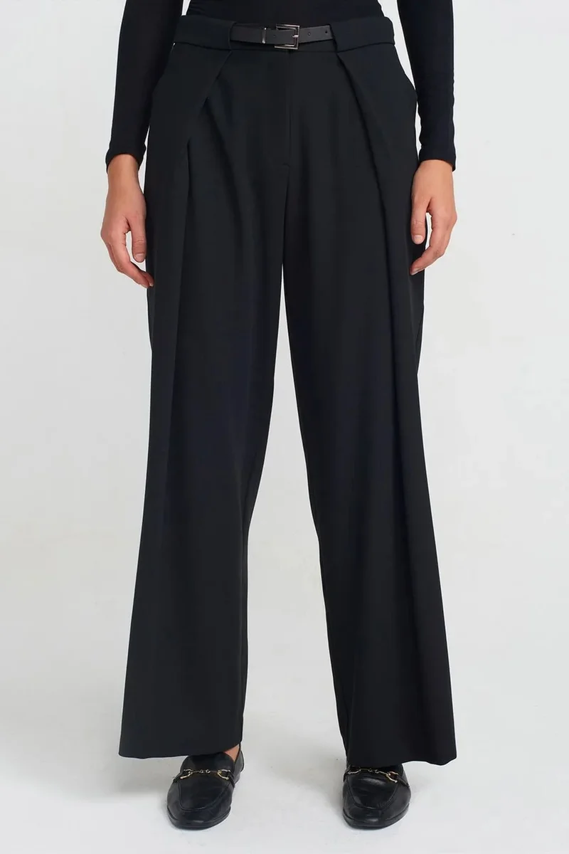 Dilvin Black DILVIN Women's Wide-Leg Crepe Trousers With Belt for Women | Best Price UAE