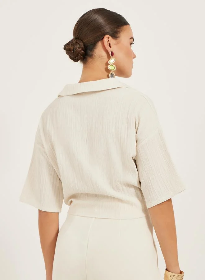 Styli Textured V-Neck Tie-Up Detail Top