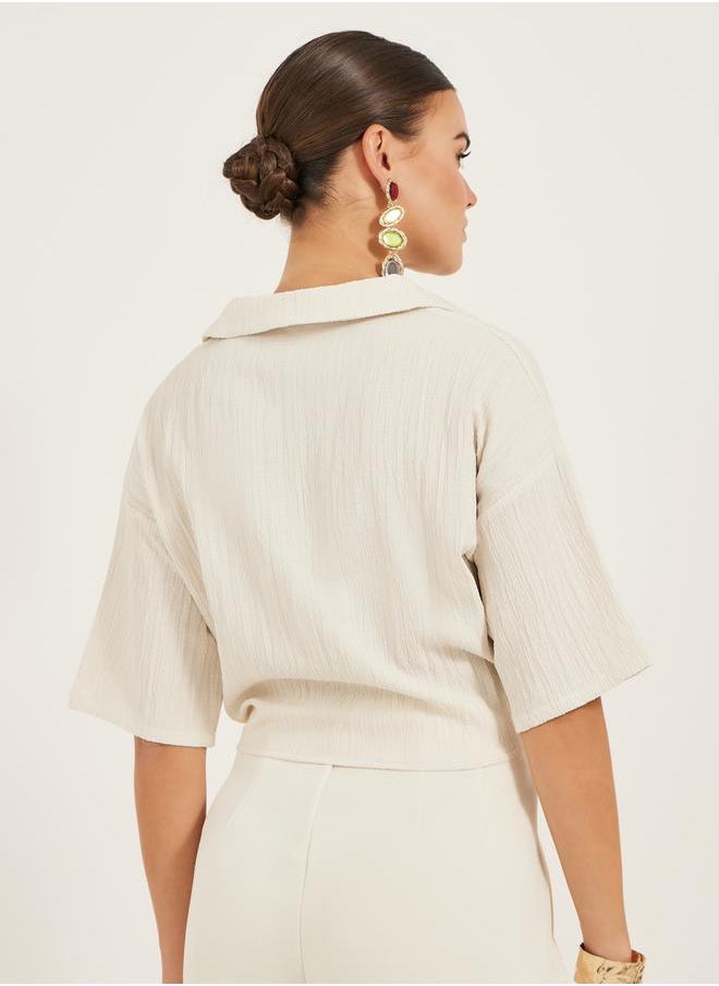 Styli Textured V-Neck Tie-Up Detail Top  - Image 4