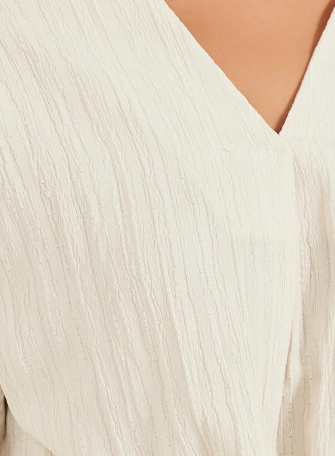 Styli Textured V-Neck Tie-Up Detail Top