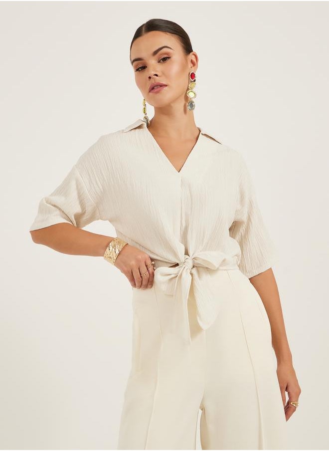 Styli Textured V-Neck Tie-Up Detail Top  - Image 1