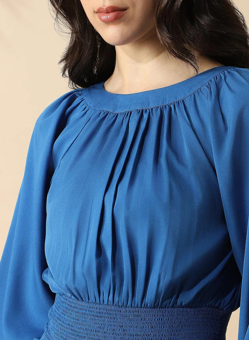 Dennis Lingo Women's Classic Blue Poly Crepe Solid T-Shirt Regular Fit Tops