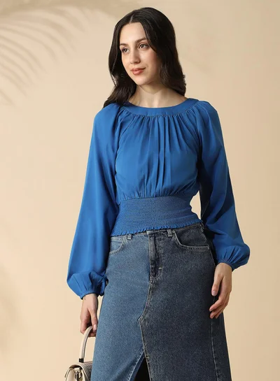 Dennis Lingo Women's Classic Blue Poly Crepe Solid T-Shirt Regular Fit Tops