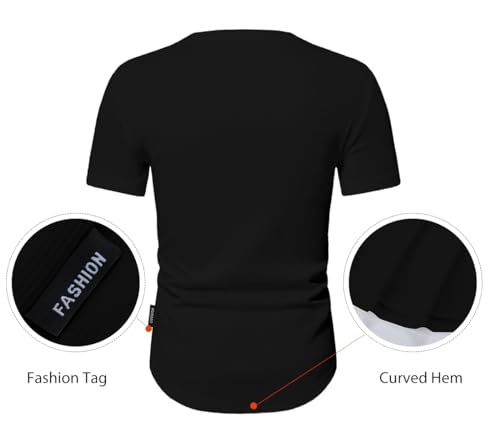 JMIERR Mens Muscle Slim Fit Button Henley Shirts Summer Crewneck Short Sleeve Longline Fitted T-Shirt Gym Workout Athletic Tees Shirt for Men, L, Black - Image 4