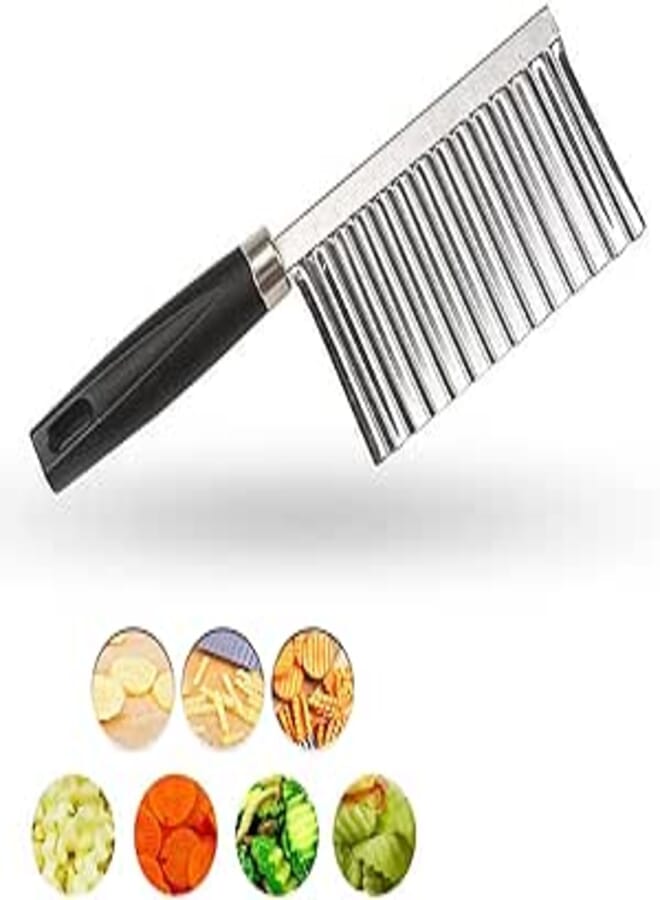 koofull Crinkle Cutter Knife Stainless Steel Cutting Tool for Potato Carrot Chip Vegetable French Fry, Wavy Chopper Wave Slicer Steel Blade, Kids Lunch Accessories (Black Handle)