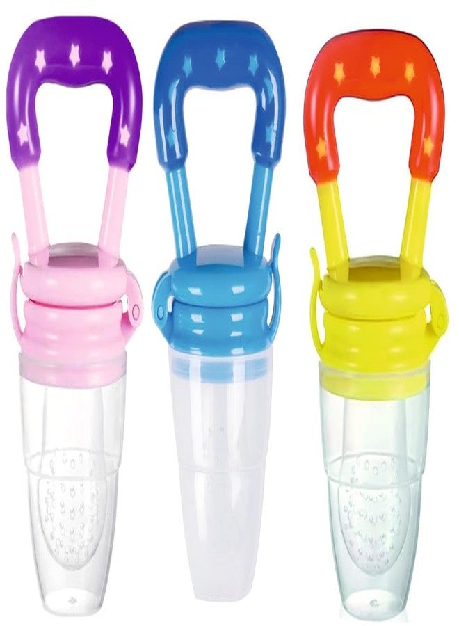 ROFORUF Silicone Fruit and Food Baby Feeder/Squeezer/Pacifier/Nibbler Feeder for Fruit and Veggie with Easy Grip Handle, Pacifier Feeder for New Born Baby 3-12 Months (Pack of 3) (Pink,Blue & Yellow) - Image 1